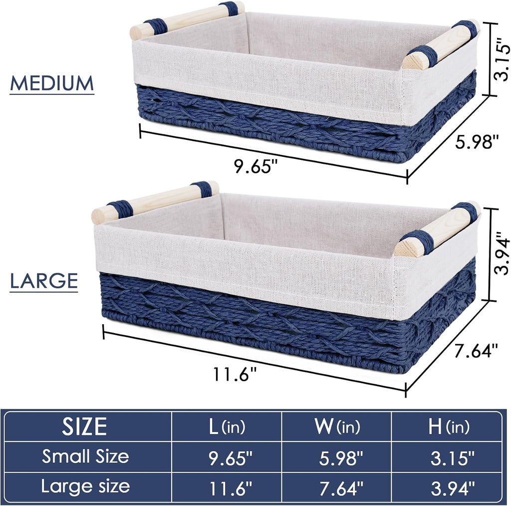 Wicker Storage Basket with Wooden Handle – Paper Rope Decorative Toilet Paper Baskets & Bathroom Organizer for Toilet Tank Top, Shelves, Bedroom, Countertop,Home,Office Storage Bins,2 Pack,Navy Blue