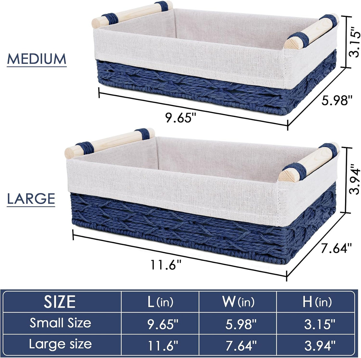 Wicker Storage Basket with Wooden Handle – Paper Rope Decorative Toilet Paper Baskets & Bathroom Organizer for Toilet Tank Top, Shelves, Bedroom, Countertop,Home,Office Storage Bins,2 Pack,Navy Blue