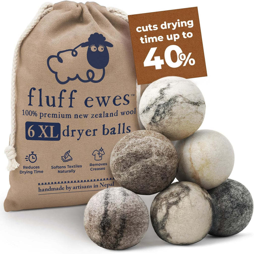 Fluff Ewes Wool Dryer Balls 6 Pack, Marble, XL