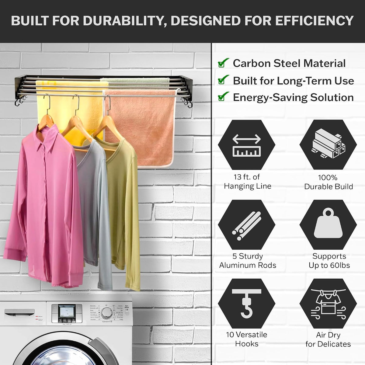 Foldable Wall Mounted Drying Rack - 31.5” Wide, 13.2 Ft Drying Space, 5 Rust-Resistant Rods, Supports Up to 60 lbs - Retractable & Foldable Space-Saving Wall Mounted Clothes Drying Rack (Black)