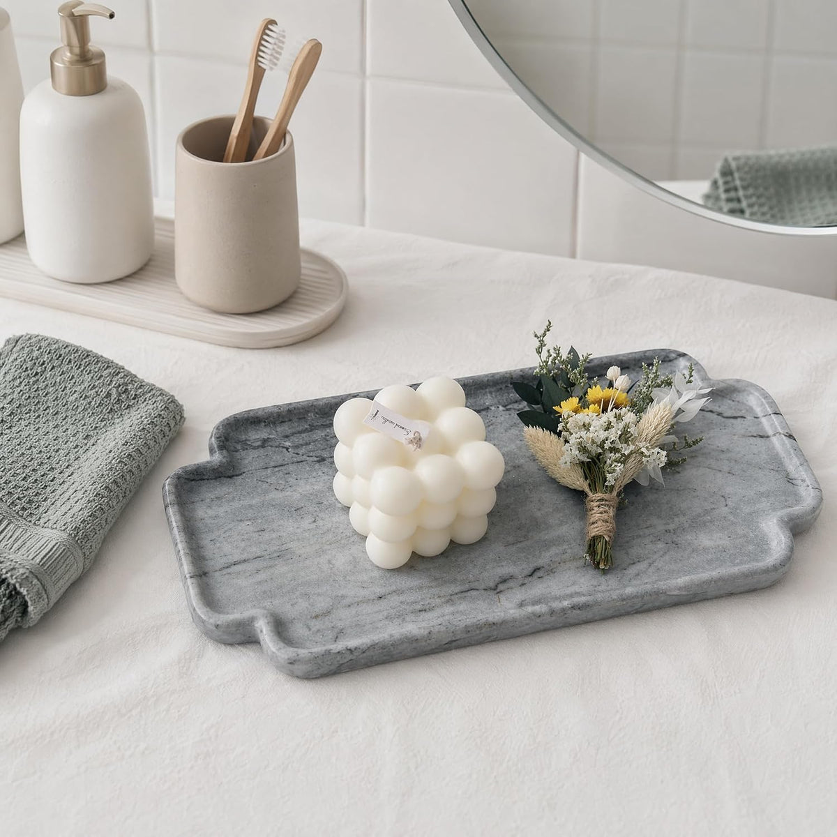 Natural Marble Scalloped Tray 12in Solid Stone Vanity Organizer