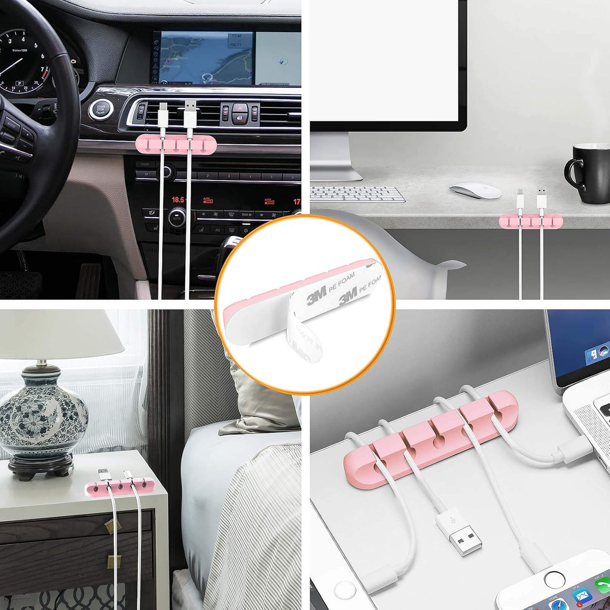 TviewSmart Cord Organizer for Desk, 5 Pack Cord Holders, Cable Clips, Pink