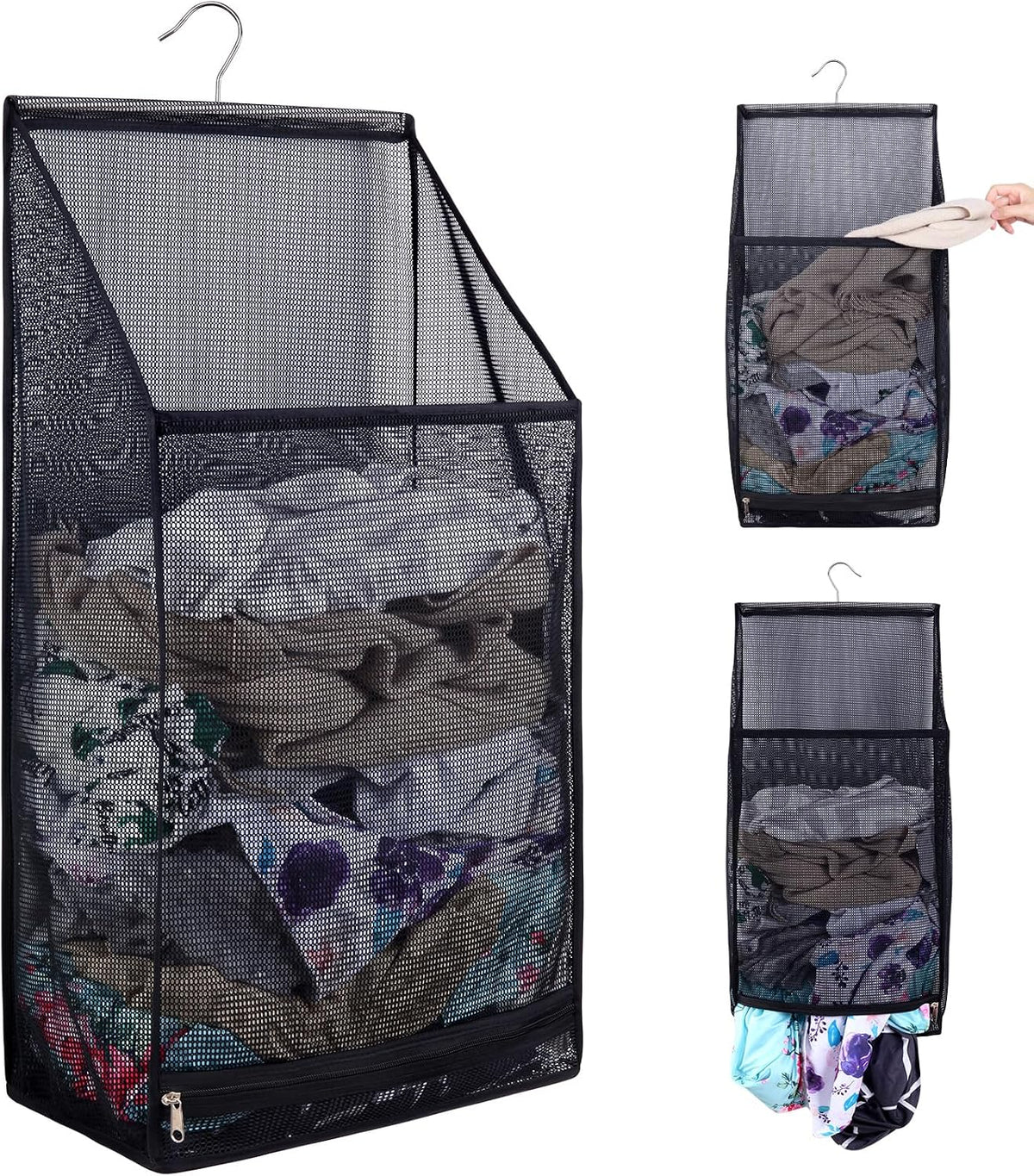 Hanging Collapsible Breathable Mesh laundry bags,Fast Drying Portable Space Saving Laundry Hamper for dorm,Rv Laundry Hamper Storage (Black)