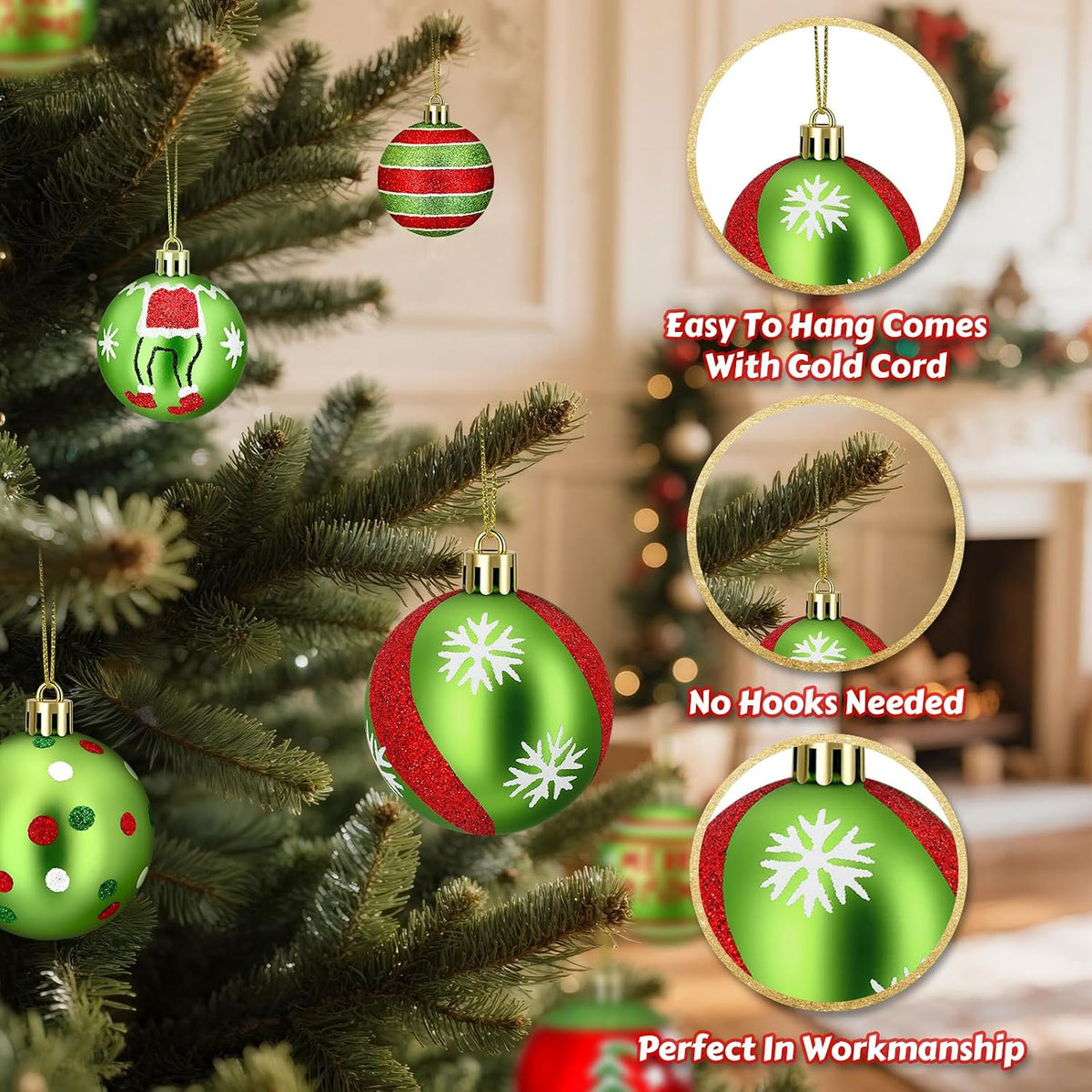 Christmas Tree Ornaments, 18 PCS Christmas Decorations Set with Red and Green Hanging Balls & Christmas Bows & Ribbon, Shatterproof Bulbs for Navidad Tree Decor and Holiday Party