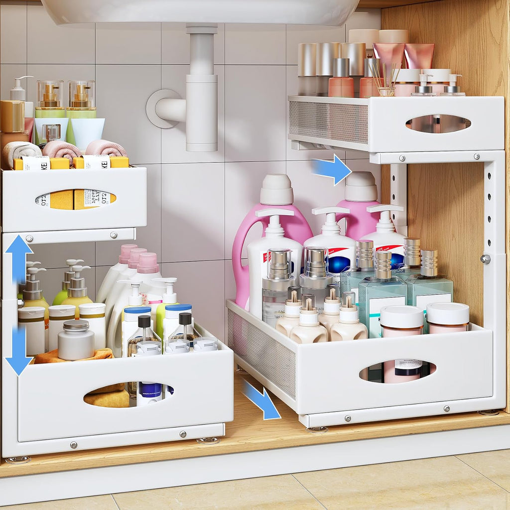 Under Sink Organizer, 2 Pack 2 Tier Pull Out Under Cabinet Organizer Shelf with Pad for Framed Cabinets, Metal Slide Out Under Sink Storage, Mesh Sliding Drawers for Kitchen Bathroom Laundry, White
