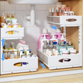 Under Sink Organizer, 2 Pack 2 Tier Pull Out Under Cabinet Organizer Shelf with Pad for Framed Cabinets, Metal Slide Out Under Sink Storage, Mesh Sliding Drawers for Kitchen Bathroom Laundry, White