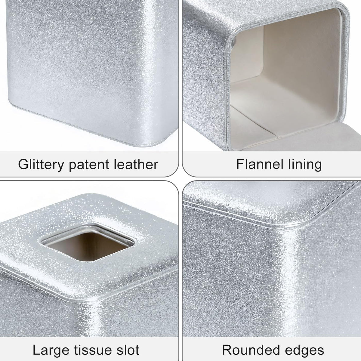 GORESE PU Leather Tissue Box Cover Square, Decorative Tissue Box Holder for Kleenexs, Tissue Cover for Vanity, Bathroom, and Office, Elegant Shimmer Cube Tissue Box (Silver)