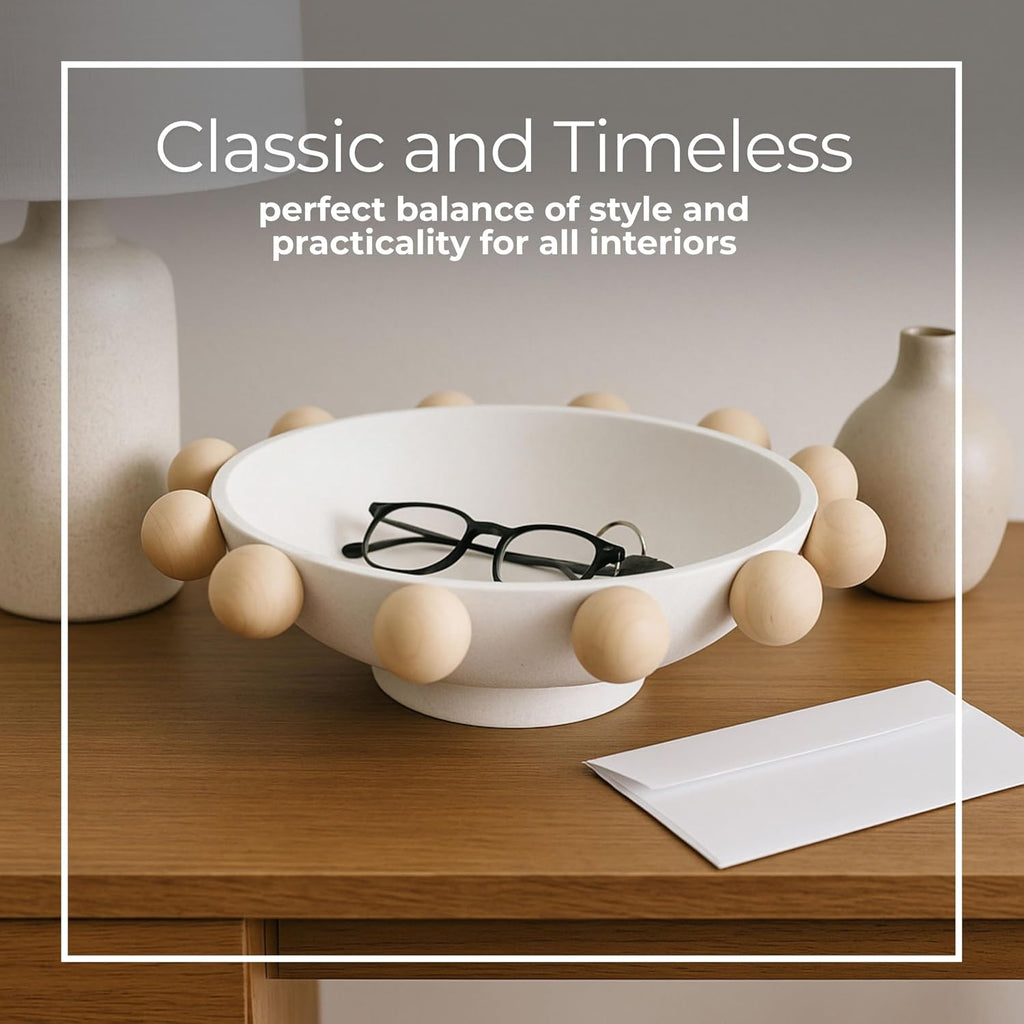 Decorative Bowl for Home Decor – Modern Wood and Metal Accent with Sculptural Wooden Knobs, Casual Catch-All Bowl for Keys, Jewelry, or Potpourri Display on Entryway Table or Console – 13", White