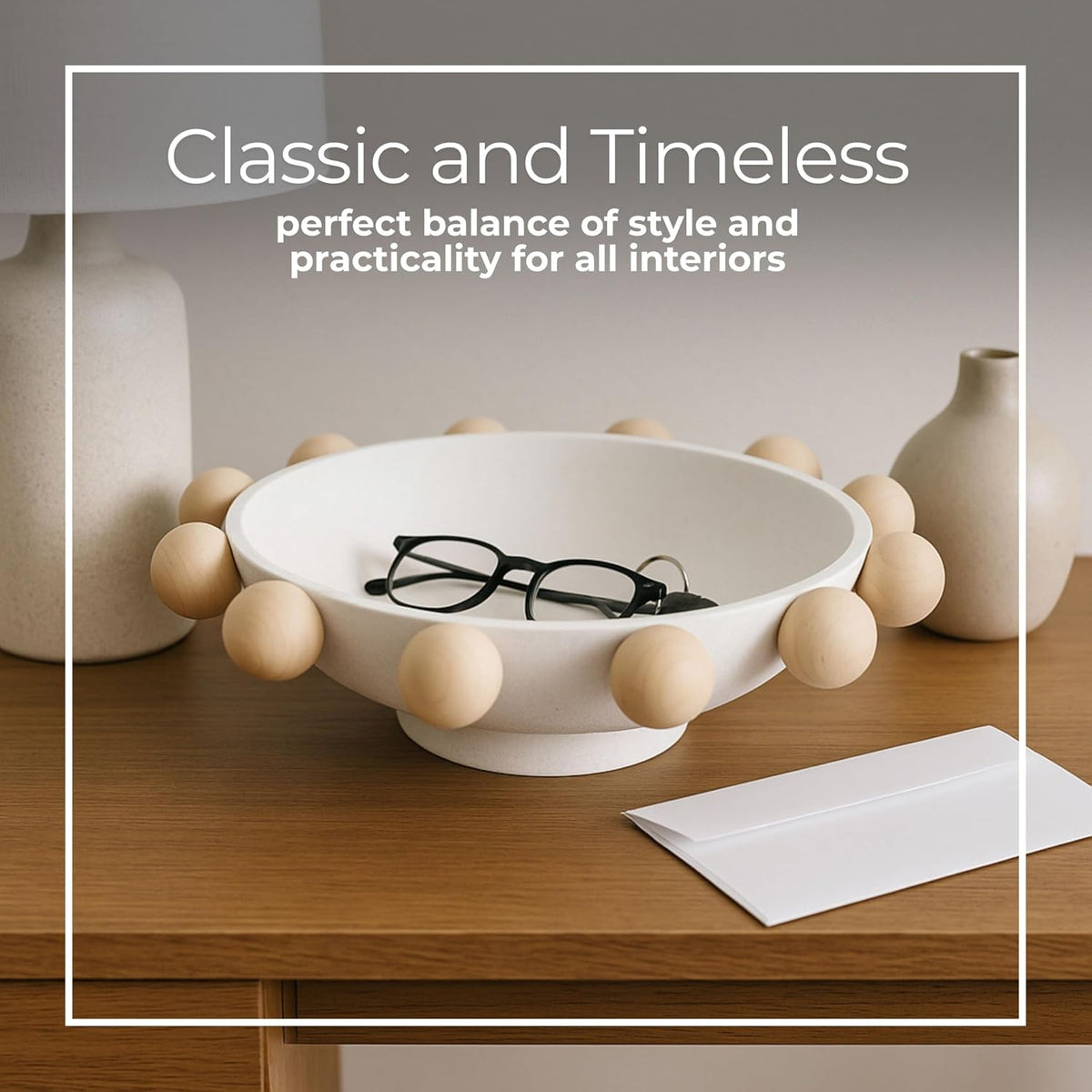Decorative Bowl for Home Decor – Modern Wood and Metal Accent with Sculptural Wooden Knobs, Casual Catch-All Bowl for Keys, Jewelry, or Potpourri Display on Entryway Table or Console – 13", White