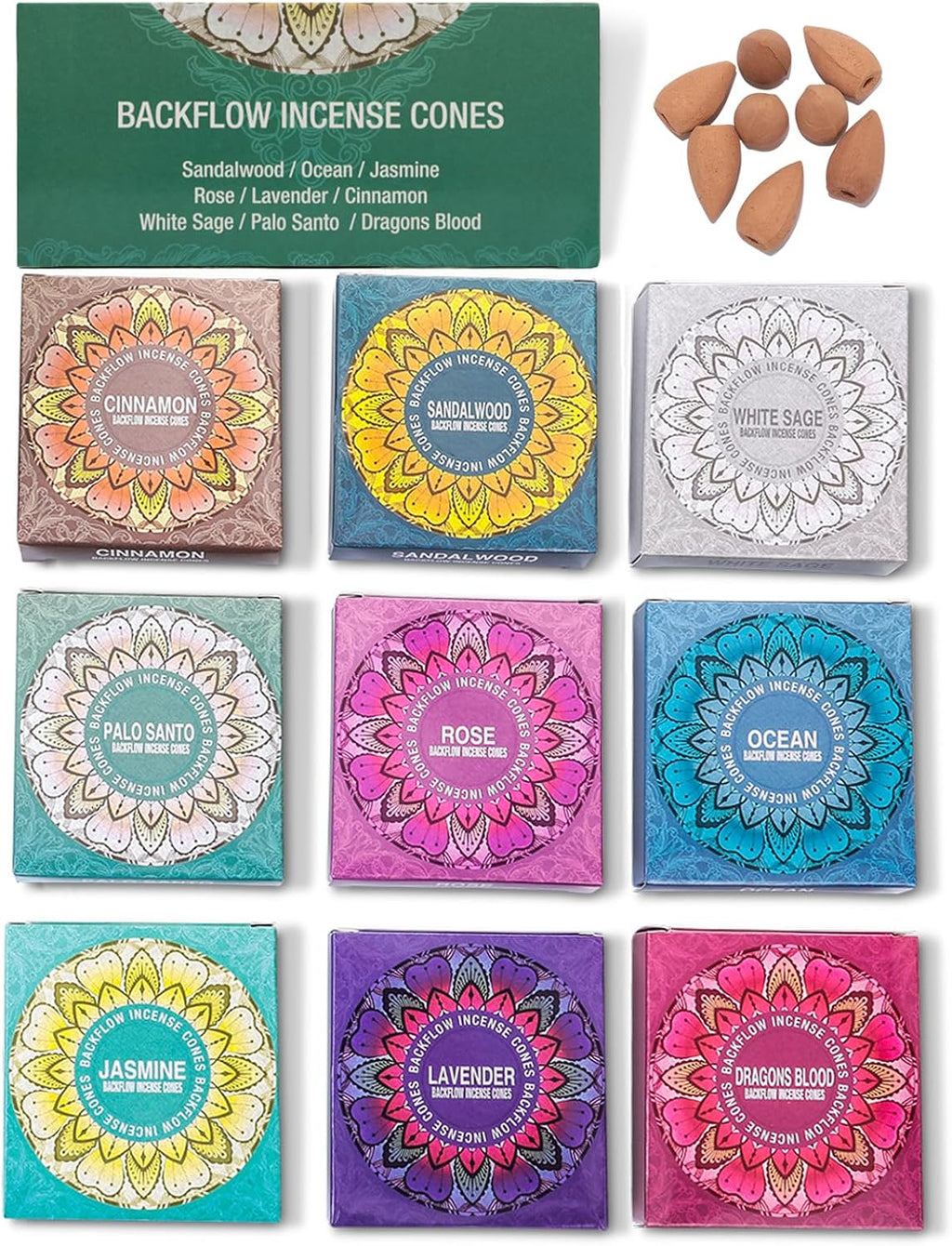 Set of 9 Backflow Incense Cones Gift Variety Pack