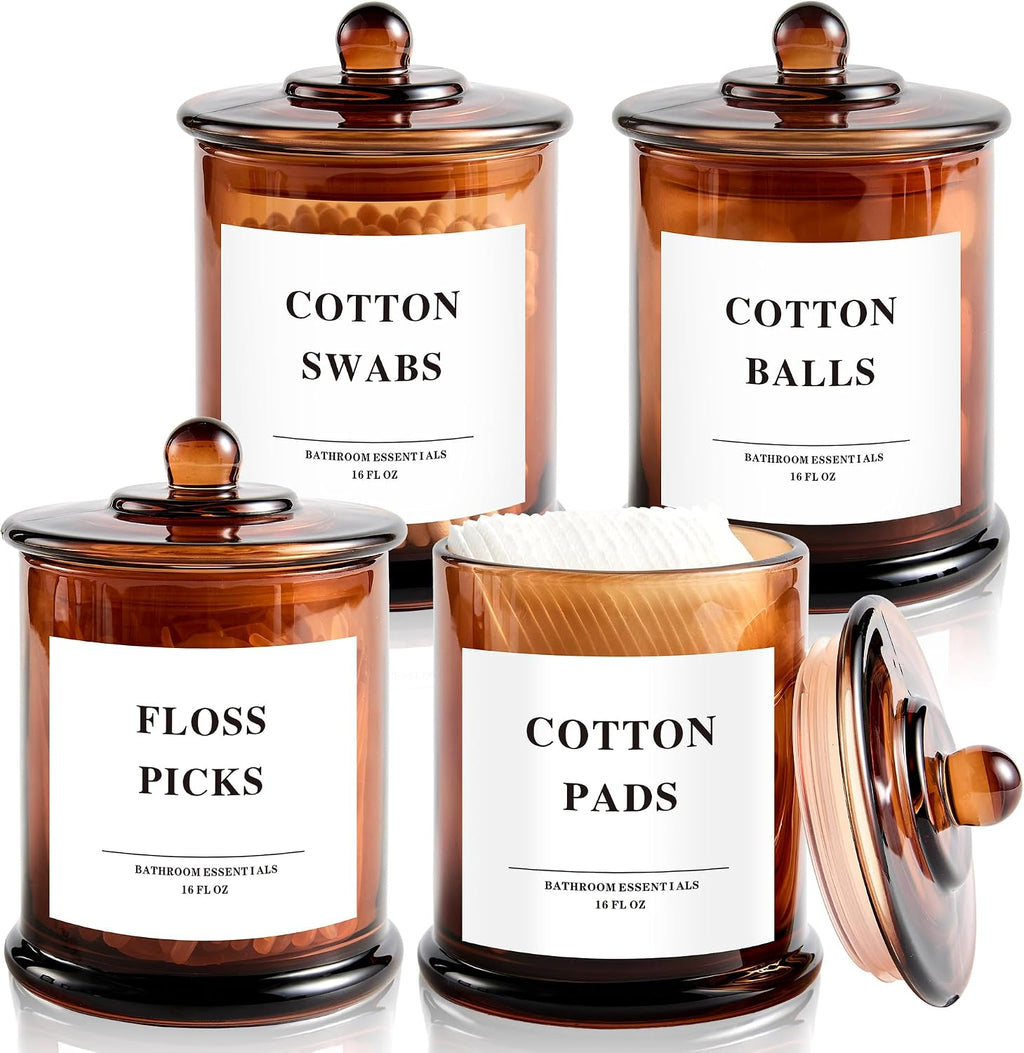 LEORAY 4 Pack Glass Qtip Holder Dispenser with Lids, Airtight Waterproof, 16 Oz Vanity Organizer Bathroom Canisters for Cotton Swabs, Balls, Pads, Floss Picks, Restroom Kitchen Storage Jars, Amber