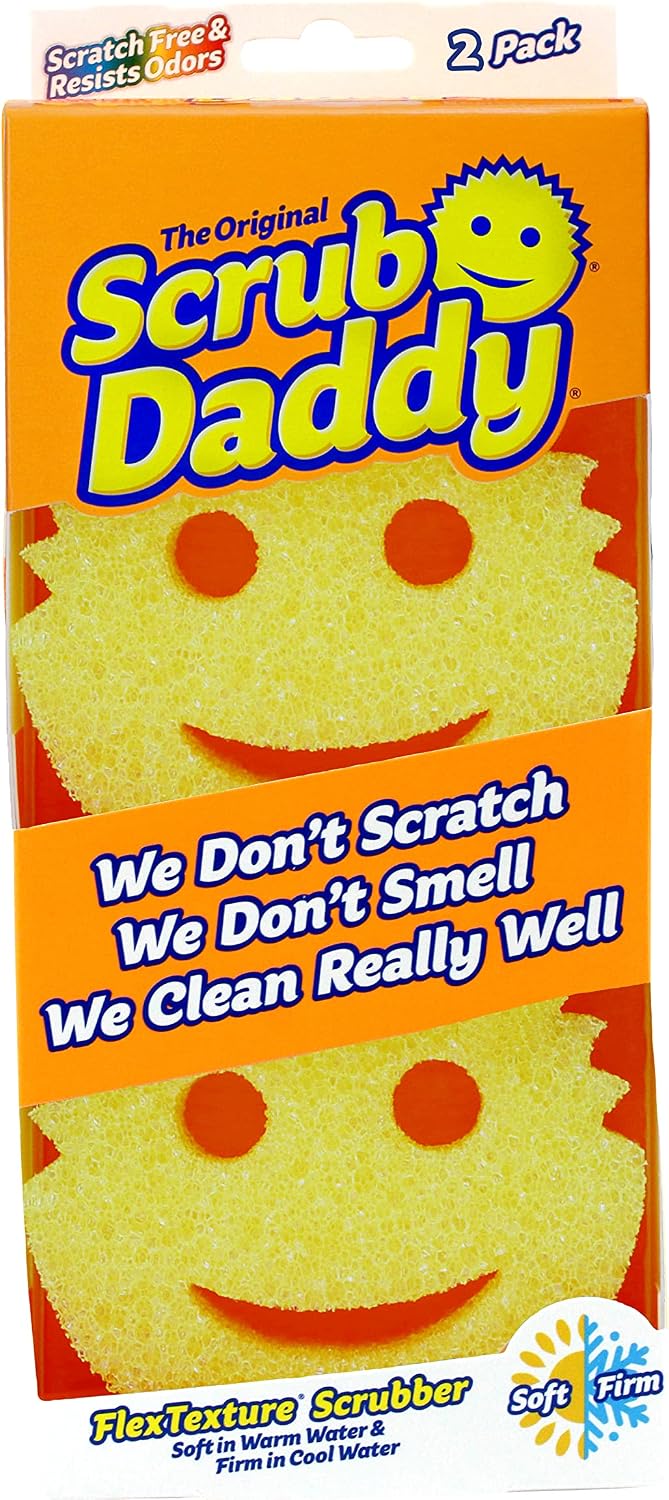 Scrub Daddy Original Dish Sponge Twin Pack, Smiley Face Sponges for Cleaning & Washing Up - Multipack Kitchen Non Scratch Scourers with FlexTexture Firm & Soft Scrubbing, Dishwashing Scrubber - Yellow
