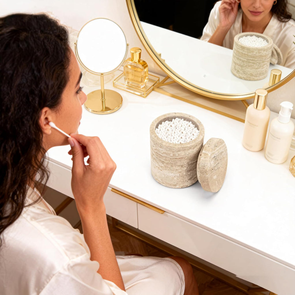 Natural Marble Canister, Cotton Swab Holder with Lid, Marble Toothbrush Holder Qtip Holder Storage for Cotton Swab, Floss Picks, Makeup Pad, Bath Salt, Beige White Travertine(NS019)