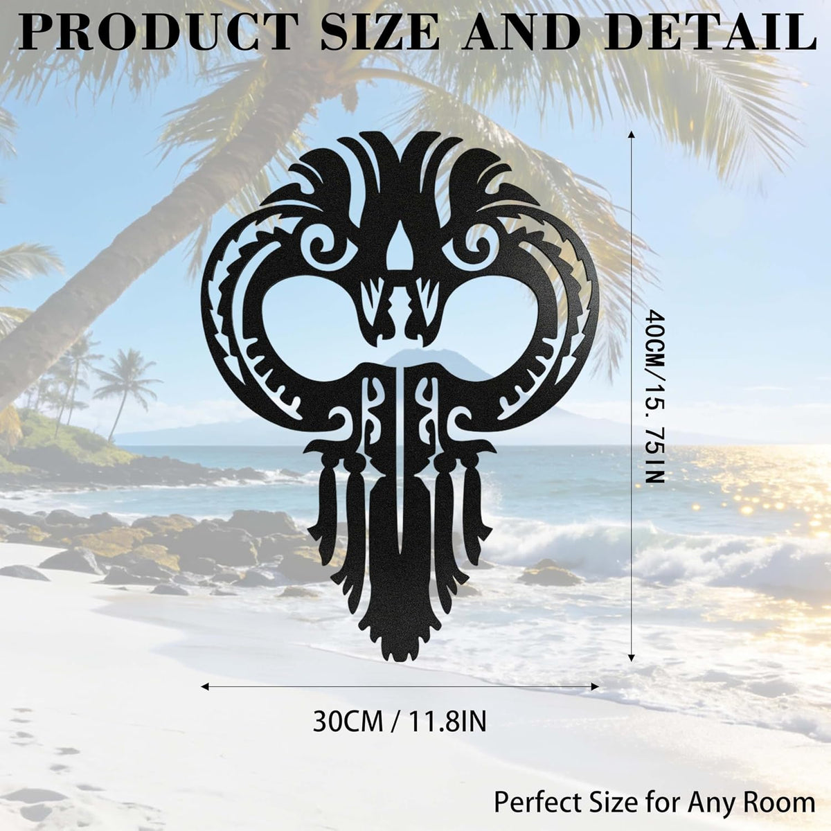 Zckjnoi Hawaiian Warrior Helmet Metal Wall Art – Matte Black Iron Tribal Wall Decor, Polynesian Warrior Mask Sculpture for Living Room, Entryway or Outdoor Wall, 15.75 x 11.81 in