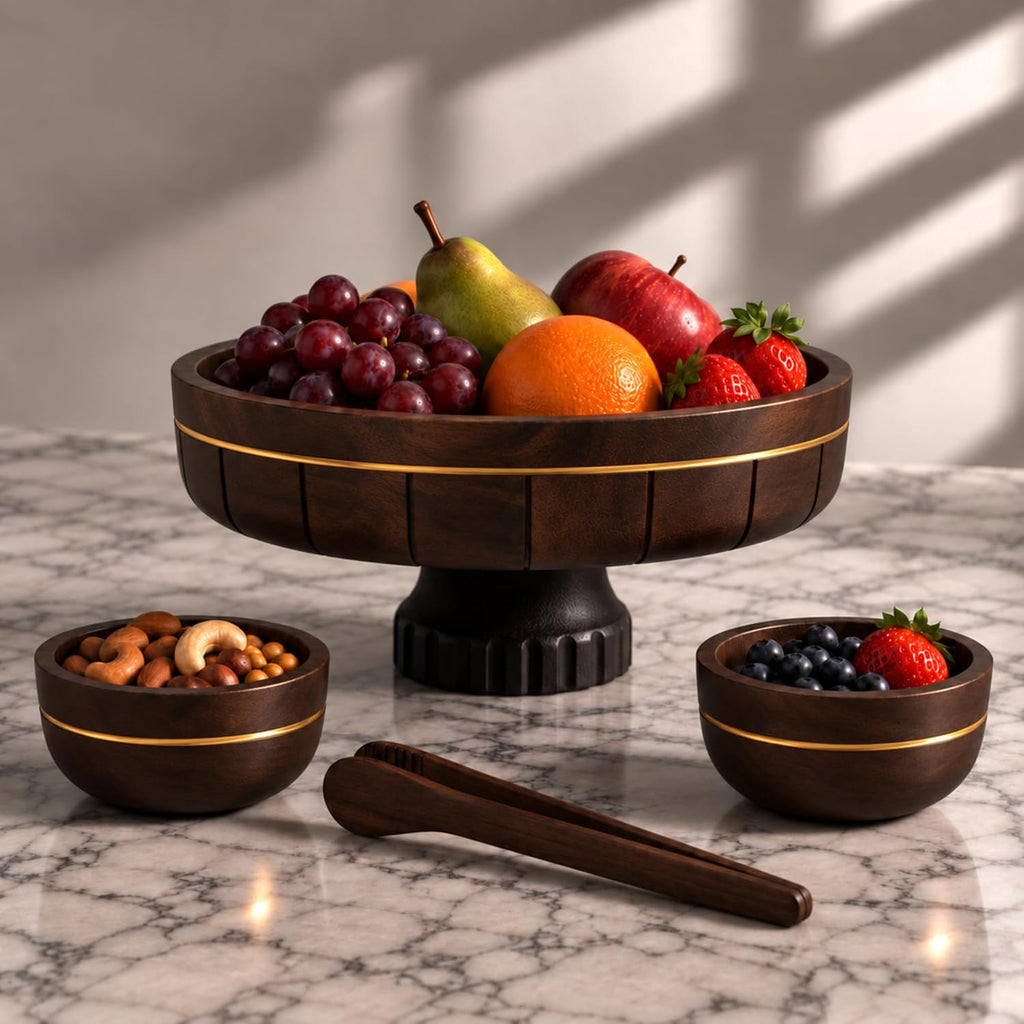 4-Piece Acacia Wooden Fruit Bowl Set for Kitchen Counter, 11-Inch Large Decorative Pedestal Bowl with 2 Matching Serving Bowls & Compact 6.7-Inch Wooden Tongs, Dark Walnut Finish