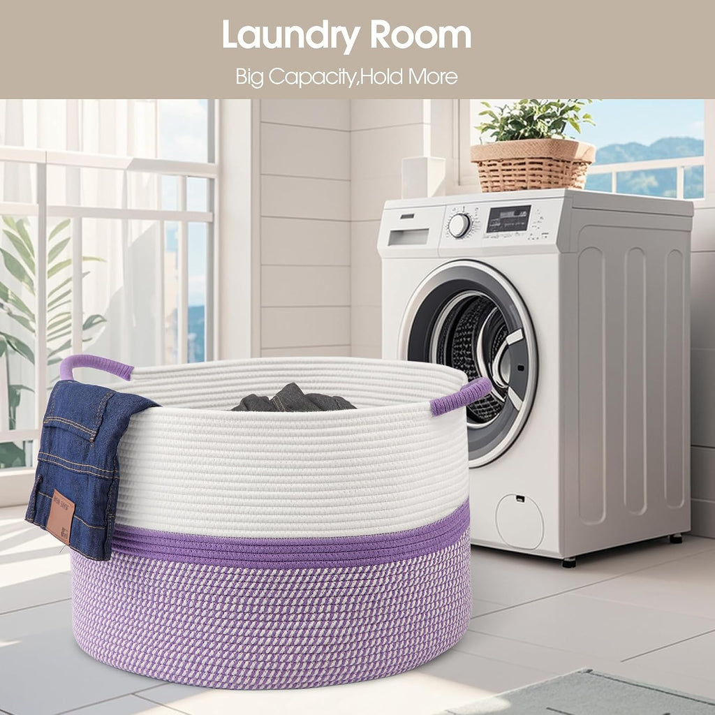 Large Cotton Rope Storage Basket, 20''x13'' Woven Laundry Hamper for Living Room, Nursery, Toys, Blanket Organization with Handles (White and Purple)