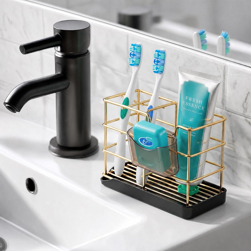 HBlife Toothbrush Holders for Bathrooms Gold, Small Stainless Steel Bathroom Toothbrush Holder with Tray, Bathroom Accessories and Apartment Essentials