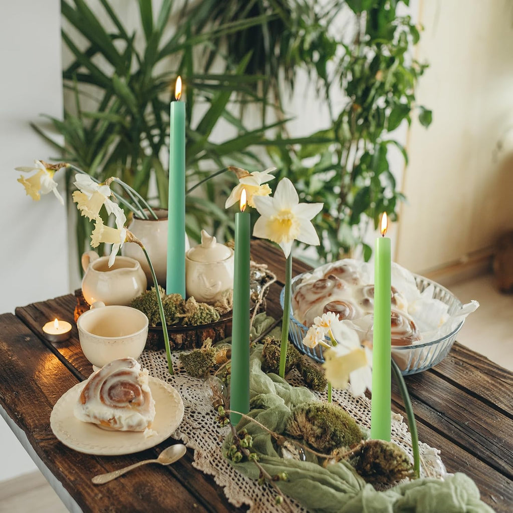 10 Inch Gradient-Green Taper Candles, 4 Packs Unscented Candlesticks for for Spring Dinner Wedding Christmas Party and Home Decoration, Dripless and Smokeless, 8-10 Hours Burn