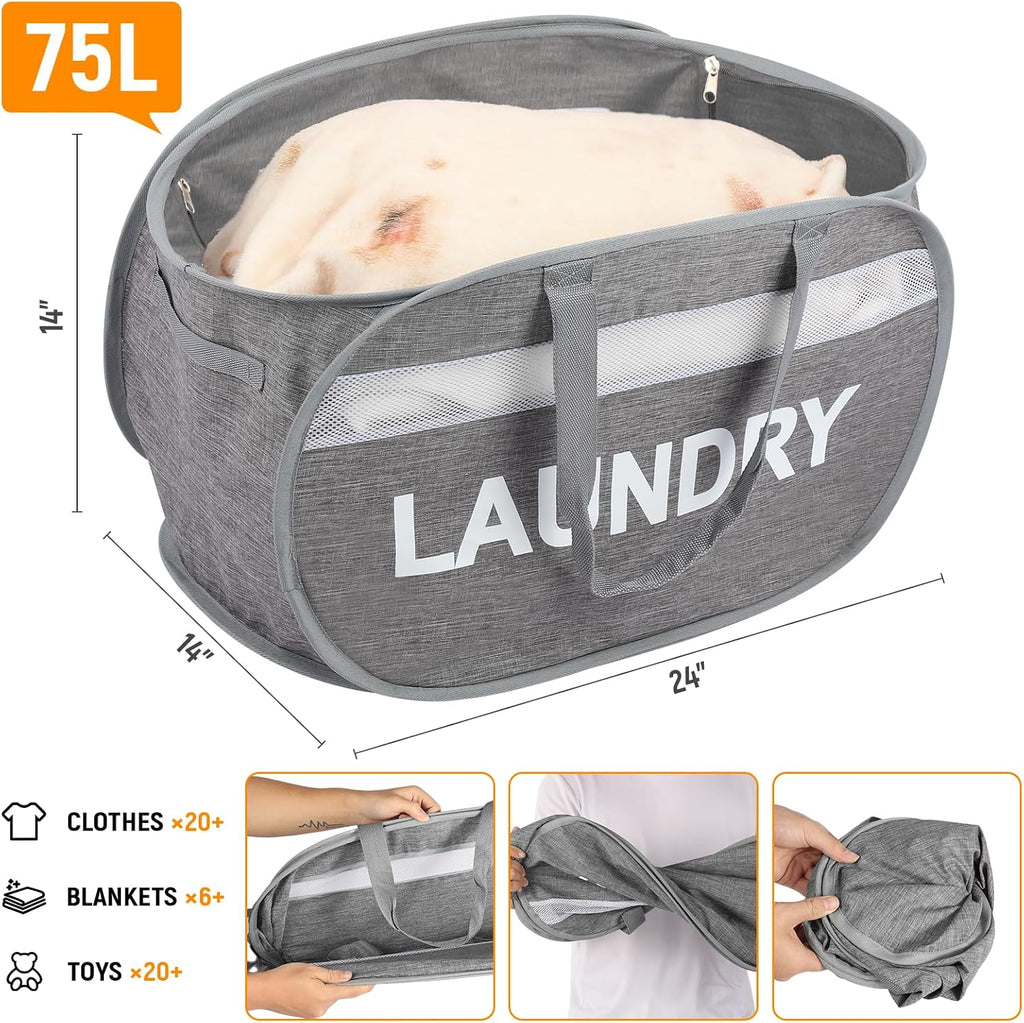 Collapsible Laundry Baskets with Lid, Foldable Clothes Hamper with Reinforced Handles, Sturdy Pop Up Hampers for Laundry, Tear Proof & Easy to Carry Laundry Hamper for Home, Dorm, Travel Grey
