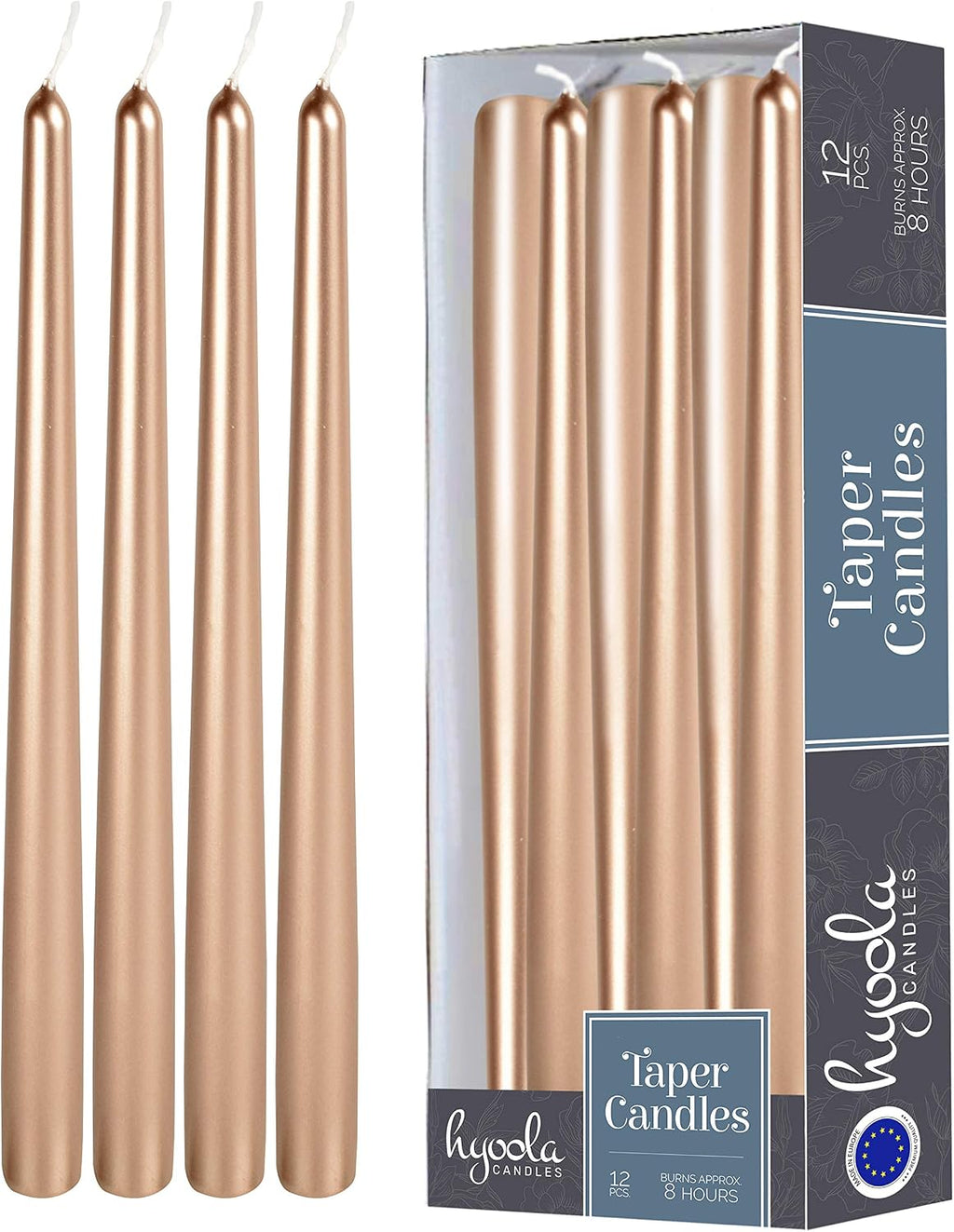 Hyoola 12 Pack Tall Metallic Taper Candles - 10 Inch Copper Metallic, Dripless, Unscented Dinner Candle - Paraffin Wax with Cotton Wicks