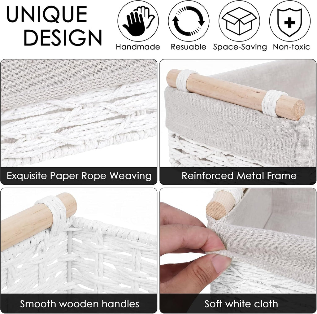 Wicker Storage Basket with Wooden Handle 2 Pack–Paper Rope Decorative Toilet Paper Baskets & Bathroom Organizer for Toilet Tank Top, Shelves, Bedroom, Countertop,Home,Office Storage Bins,White