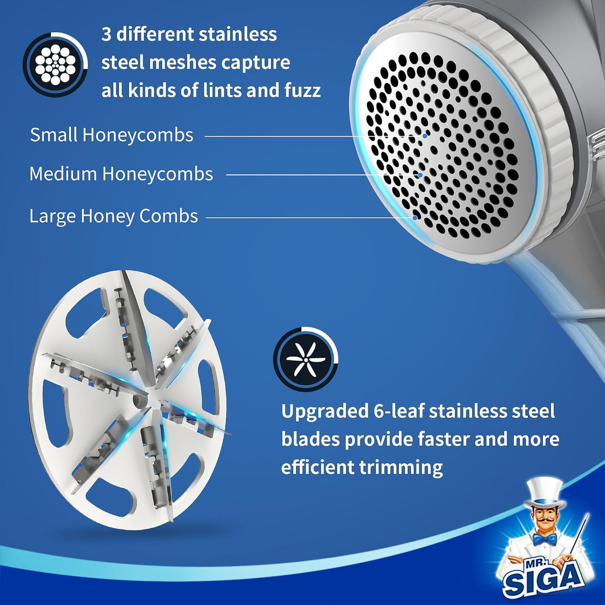 MR.SIGA Fabric Shaver and Lint Remover with 2 Replaceable 6-Leaf Blades