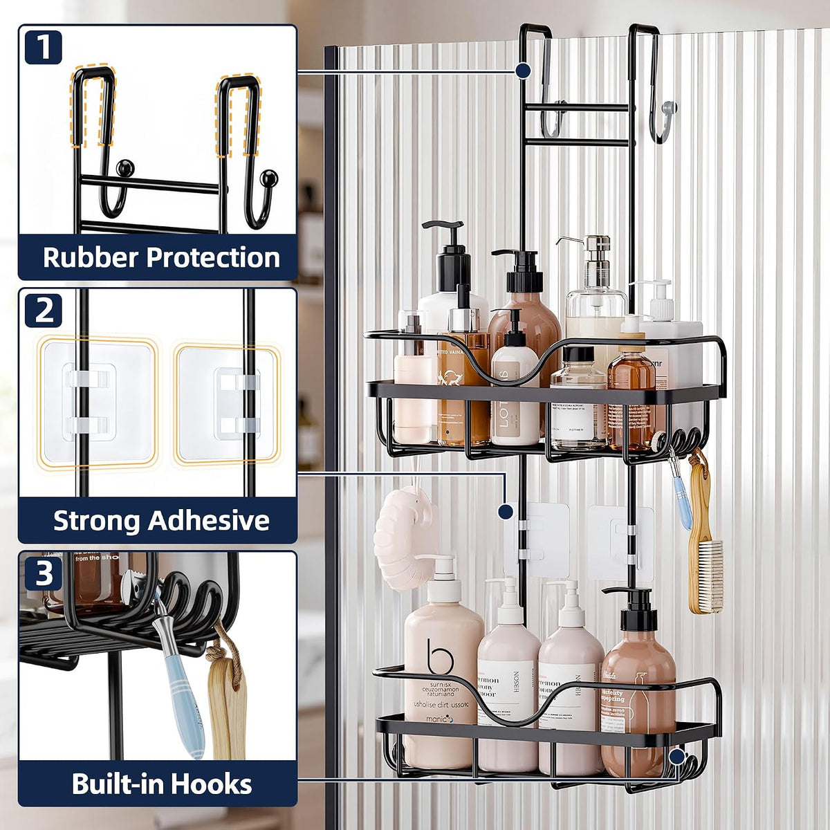 Skyapex Over the Door Shower Caddy Hanging: Black Rustproof Bathroom Organizer Over Glass with Hooks