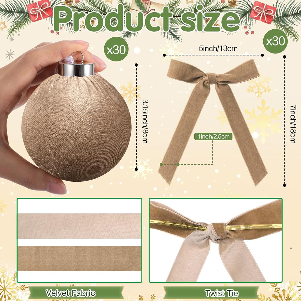 Wettarn 30 Sets Velvet Christmas Ornaments Balls & Bows, Khaki