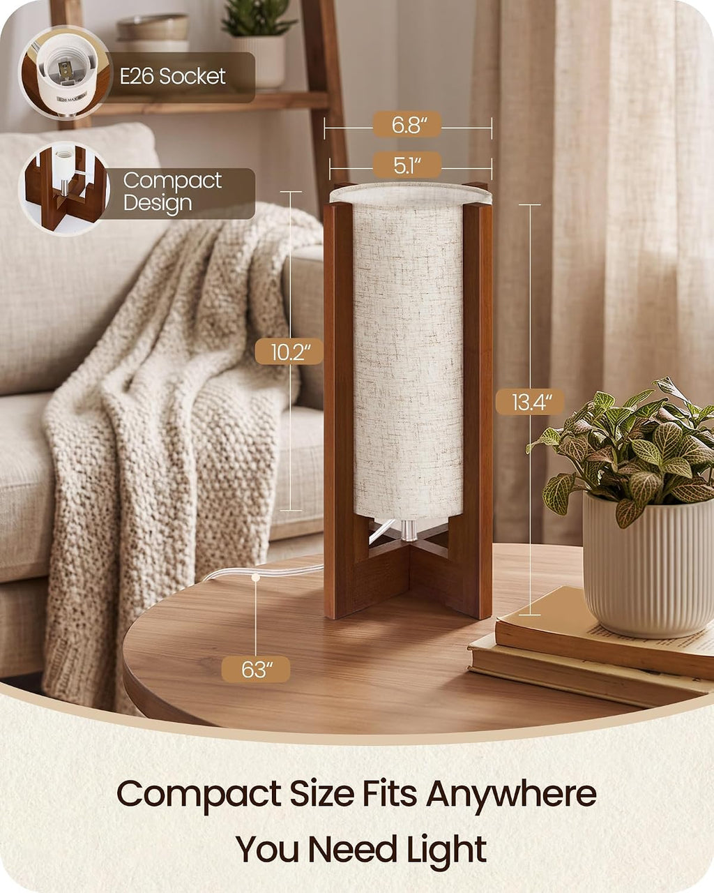 Small Bedside Lamp, 13.4" Modern Wood Table Lamp with LED Bulb