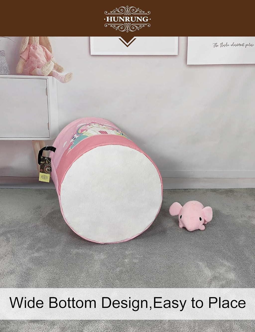 Round Fabric Collapsible Storage Basket with Handles, Pink Castle