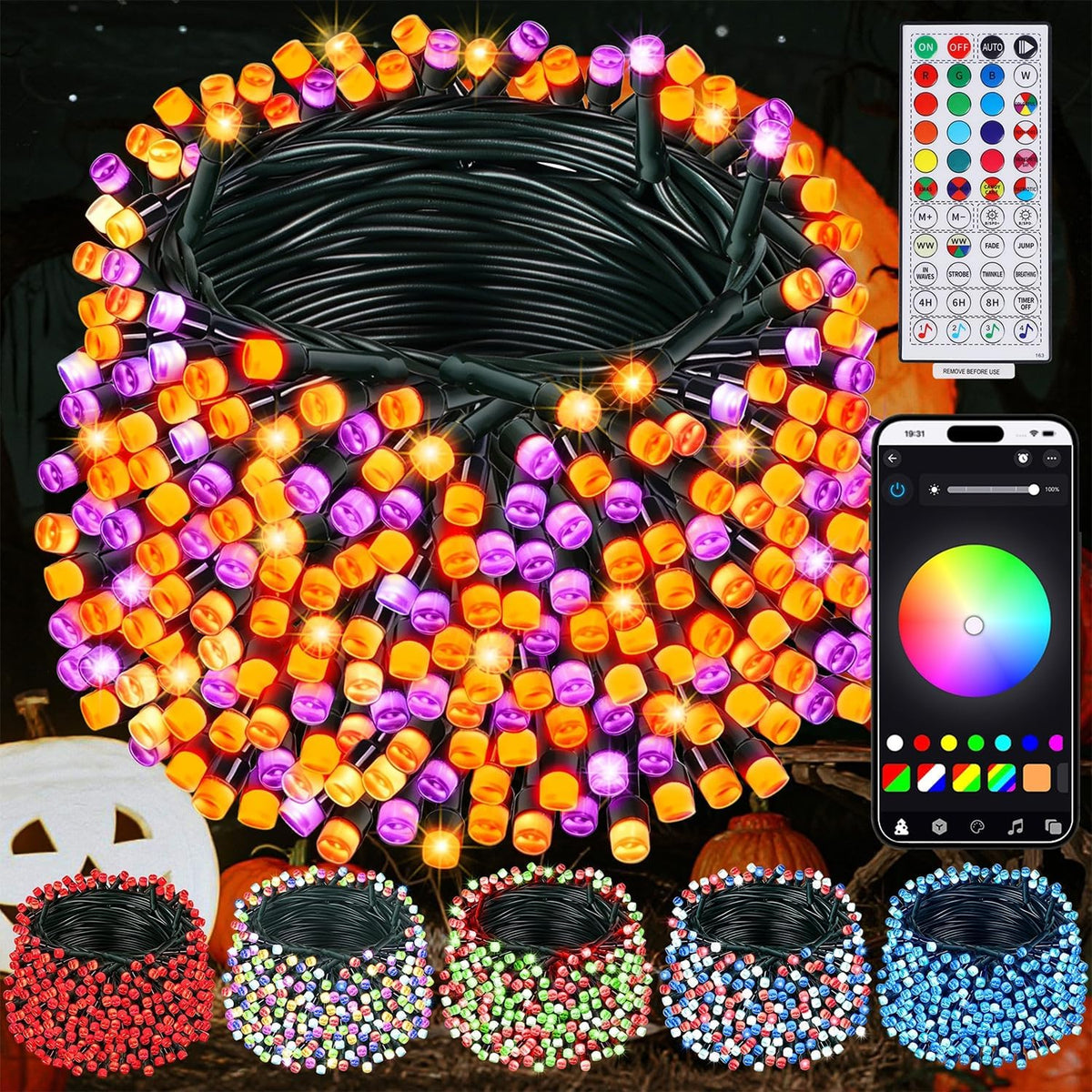 Home Lighting Smart Color Changing Halloween Lights, 66FT 200 LED RGB Christmas String Lights with Remote & App Controlled, Music Sync Multiple Mode, Waterproof Indoor Outdoor Holiday Tree Party Decor