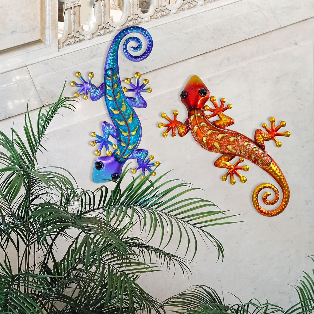 HONGLAND Metal Gecko Wall Art- 15 Inch Lizard Outdoor Decor Hanging Glass Sculpture, 2 Pack Gecko Wall Art Decorations for Garden Fence Home