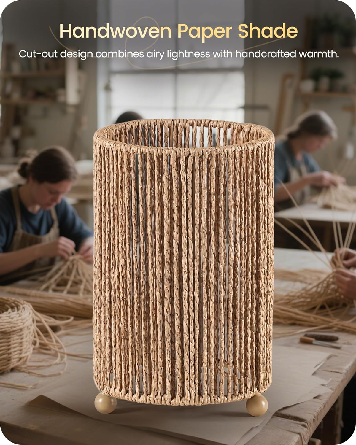 Small Rattan Table Lamps Set of 2, Boho Bedside Lamps Set of 2, Handwoven Paper Lampshade, 4W 2400K LED Bulb Included, Boho Desk Lamp, Nightstand Lamp for Bedroom, Living Room, S11TLP205