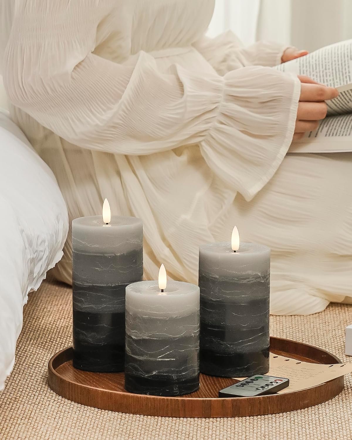 Stmarry Distressed Gradient Gray Flameless Candles with Remote and Timer, Real Wax Made LED Pillar Candles Battery Operated with 3D Flickering Flame - 3" x 4", 3" x 5", 3" x 6" - Set of 3