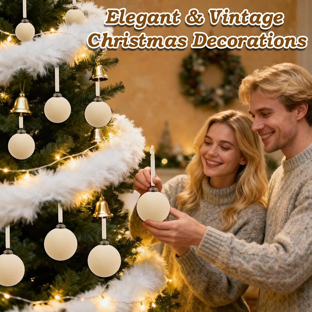 Beige Velvet Ornaments for Christmas Tree, Cream Flocked Ornaments