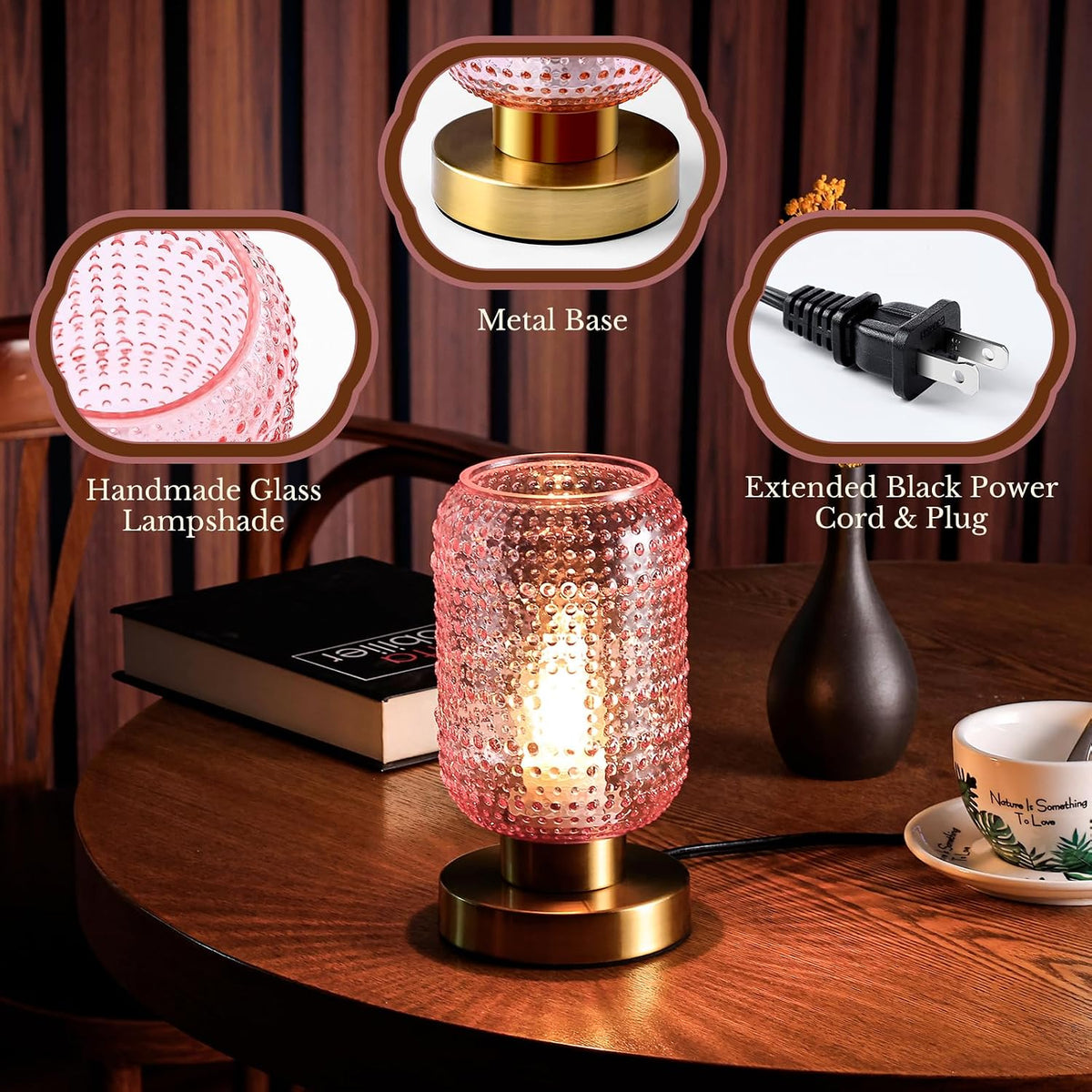 ZYER 8.9in Pink Table Lamp, Touch Control Bedside Lamp, Small Vintage Lamp