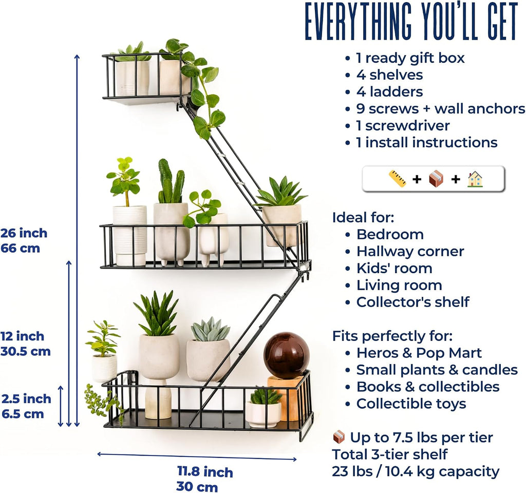 Fire Escape Shelf, Black Metal Decorative Floating Ladder Shelf, 2.5-Tier