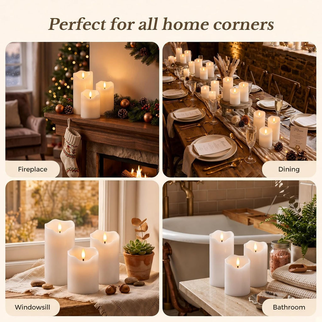 Goodluck Real Paraffin Wax Flameless Pillar Candles Set of 3, White