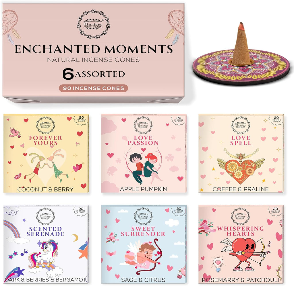 Natural Incense Cones, 6 Pack Enchanted Moments Cone Incense Gift Pack 15 pc Each (90 Total), Insence Cones 100% Organic Non Toxic Natural