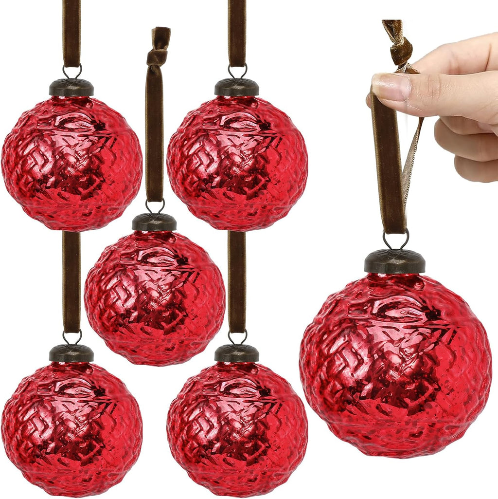 Threan 6 Pcs Vintage Red Mercury Glass Christmas Ornaments, Polka Dot