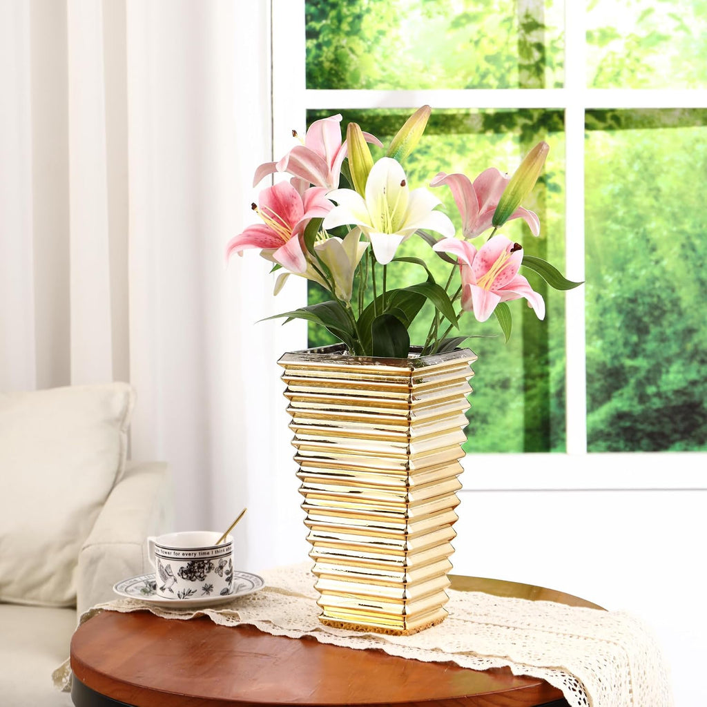 Crystal Glass Vase, Large Crystal Vases for Flowers, Large Flower Vase, Gold Modern Vases for Living Room, Bedroom, Kitchen, Dining Table, Mantle, Wedding, 11 Inches