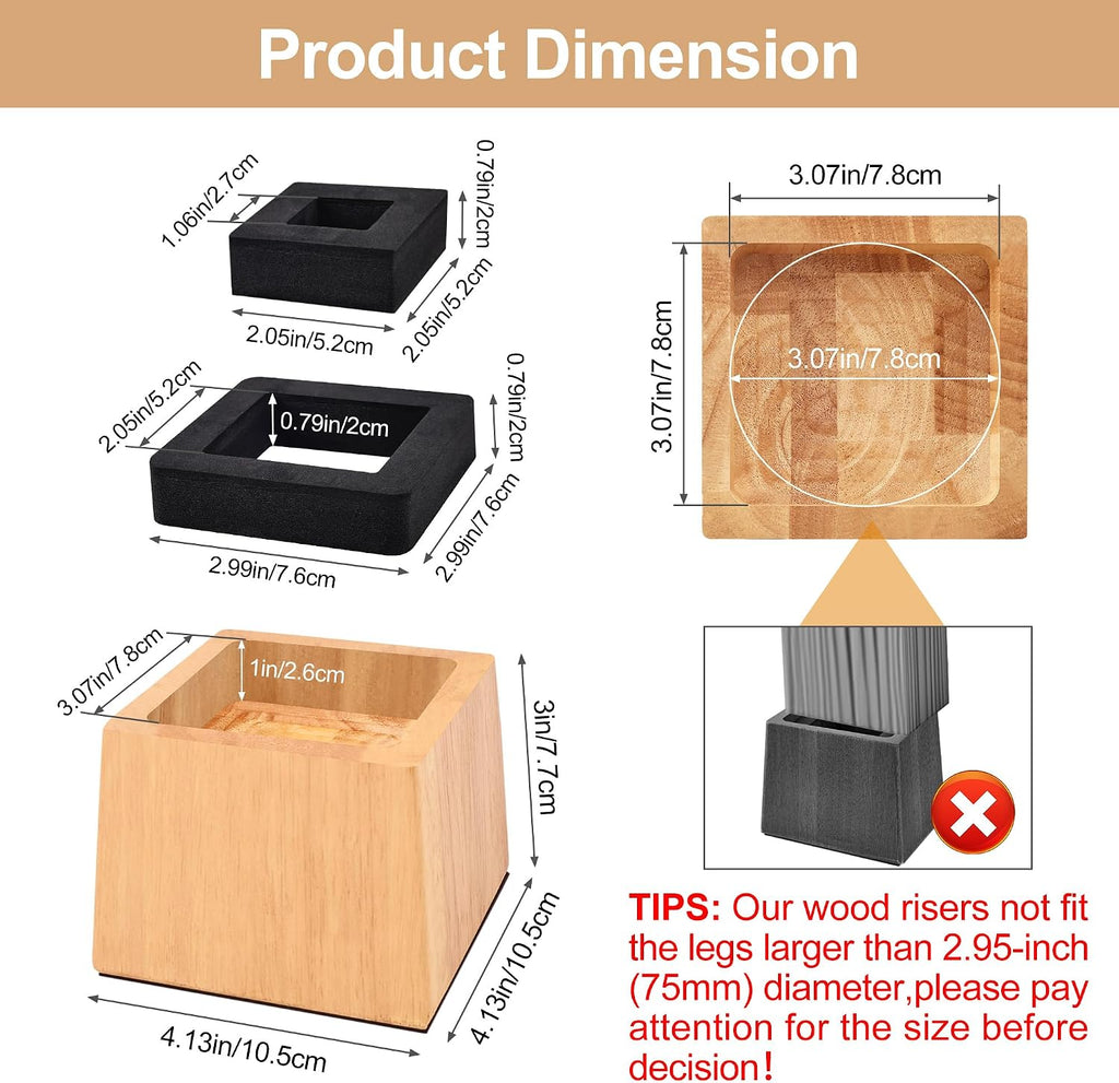 Wooden Bed Risers 3 Inch Heavy Duty, Support 2500 lbs, Nature