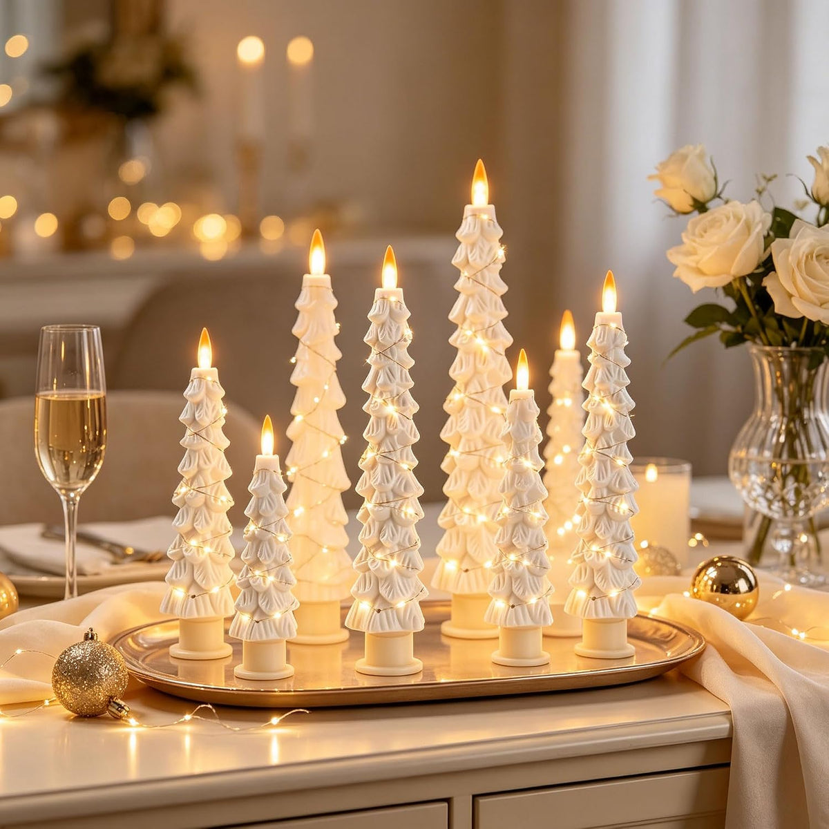 2 Pack White Christmas Tree LED Taper Candles, Flameless Flickering Candles with Copper String Lights, Upgraded Realistic Flame Effect, Battery Operated with Remote for Christmas Home Decoration