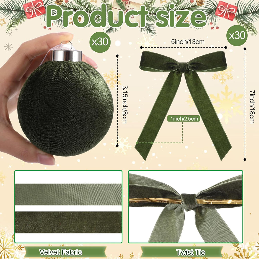 Wettarn 30 Sets Velvet Christmas Ornaments Balls & Bows, Green