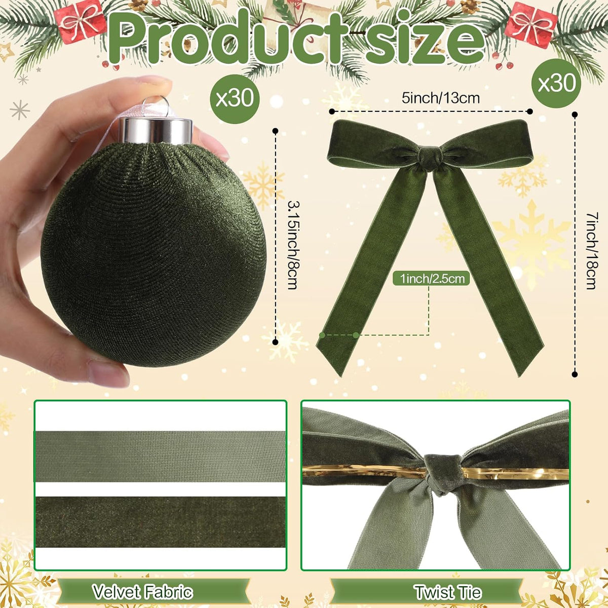 Wettarn 30 Sets Velvet Christmas Ornaments Balls & Bows, Green