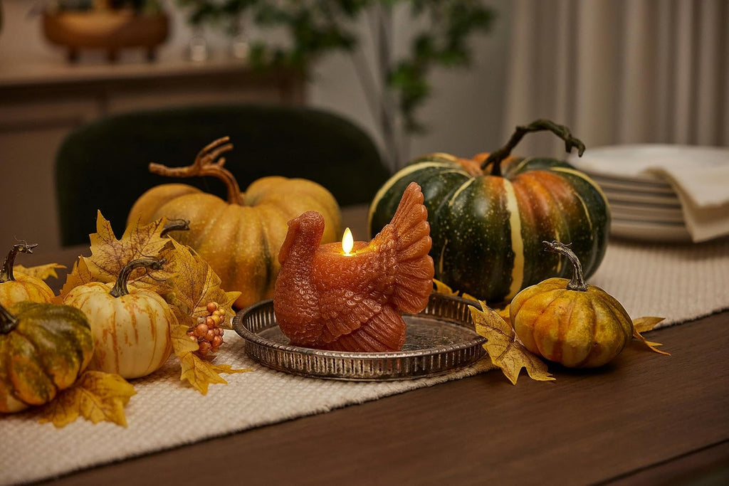 Luminara Flameless Fall Harvest Decor - Turkey Figural LED Candle Natural Color, Adobe, 5.3" x 7.5" Real Wax Moving Flame Battery Operated w/Timer