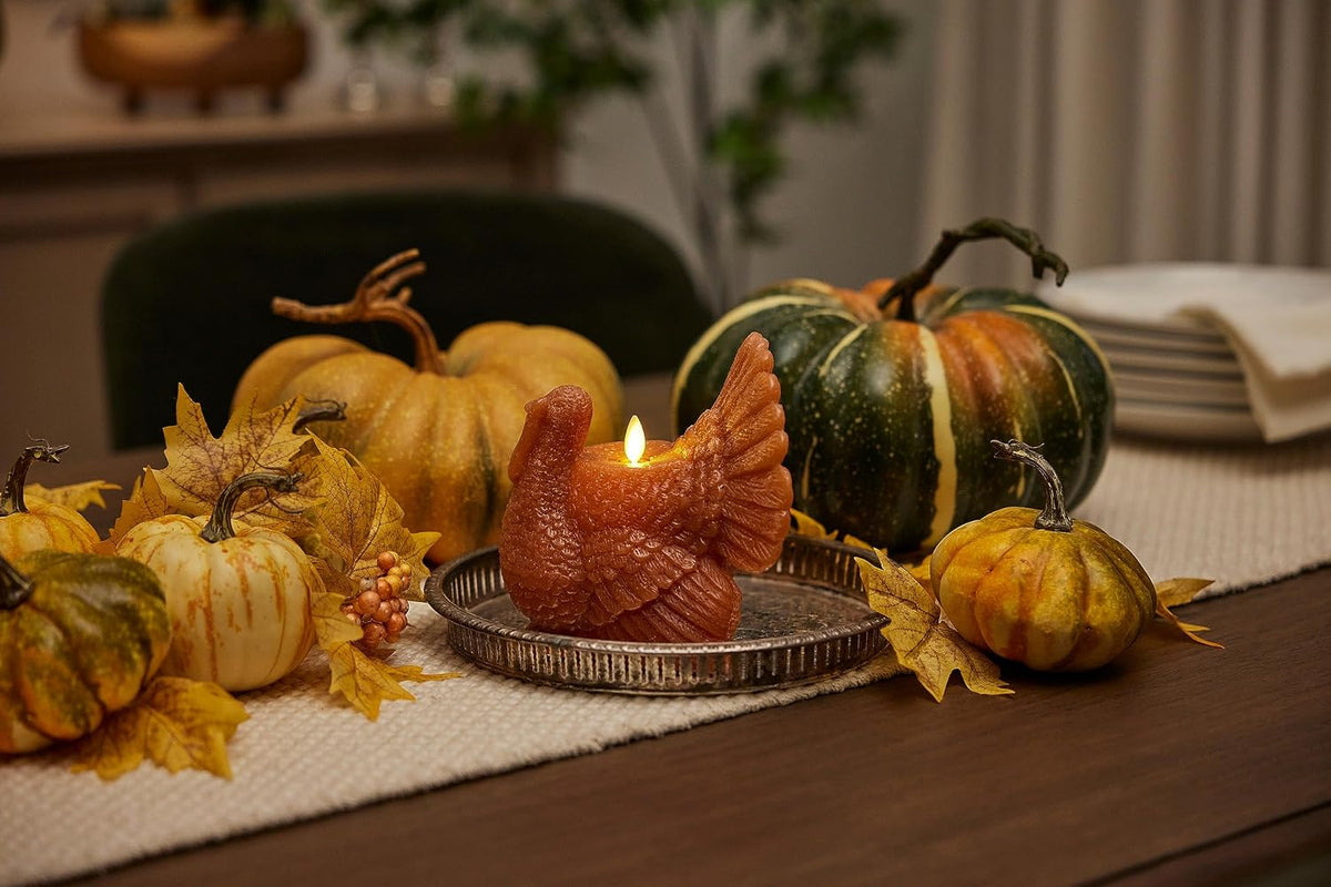 Luminara Flameless Fall Harvest Decor - Turkey Figural LED Candle Natural Color, Adobe, 5.3" x 7.5" Real Wax Moving Flame Battery Operated w/Timer
