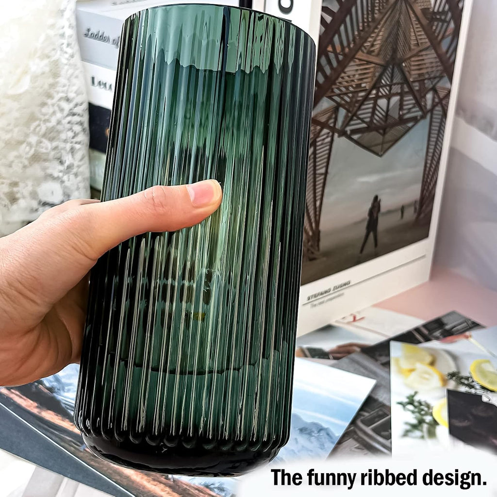 Muyan 7.5" Flower Vase for Decor Ribbed Glass Vase Modern for Centerpieces Desktop Home Office Dining Living Room Wedding (Green)