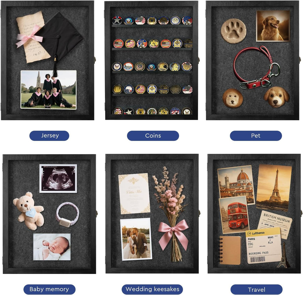 AW BRIDAL Black Large Shadow Box with Shelves 13x17in, Medal Display Case