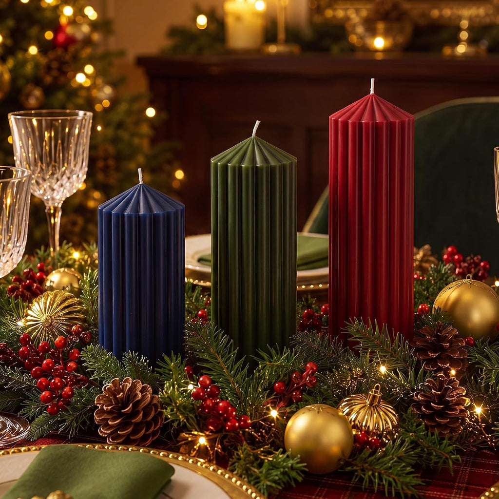 Mtlee 3 Pack Christmas Ribbed Pillar Candles Soy Wax Ribbed Candle